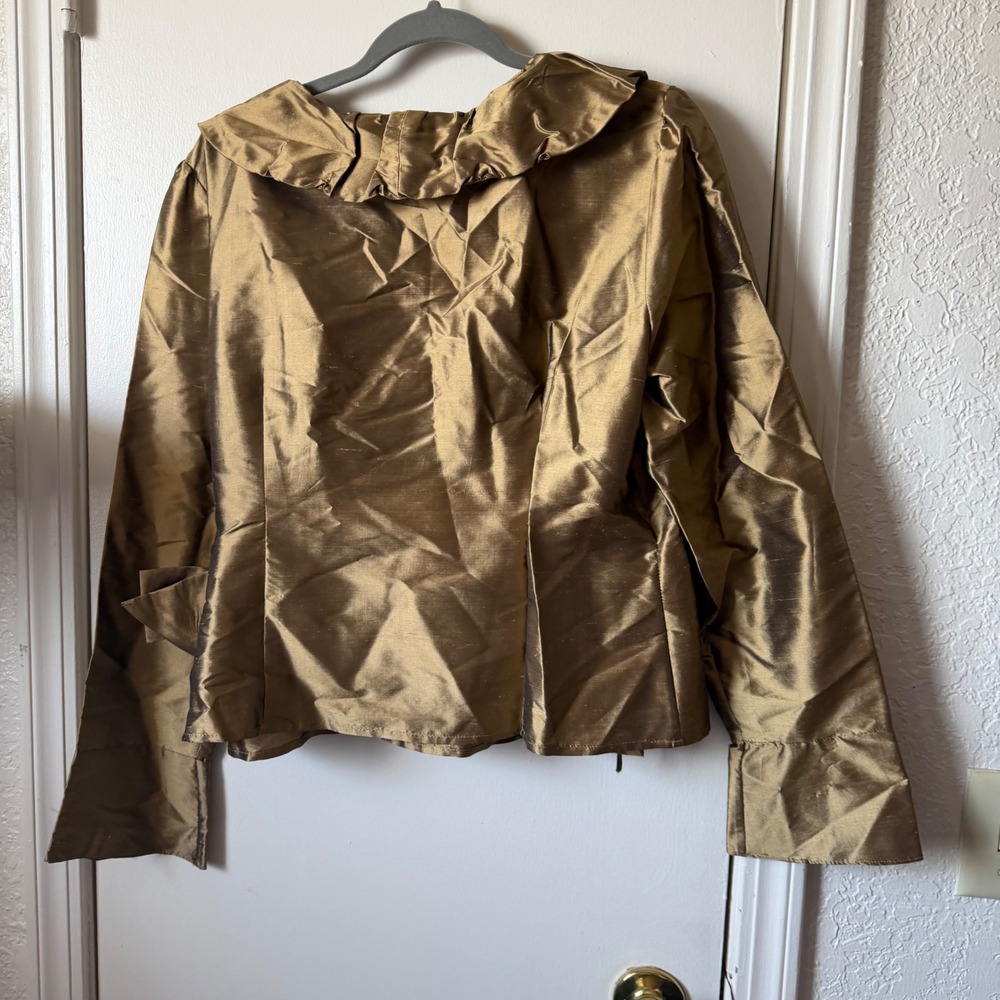 Sunny Taylor 100% Silk Bronze Ruffle Wrap Blouse Metallic Gold Brown Size 16 - Picture 5 of 5